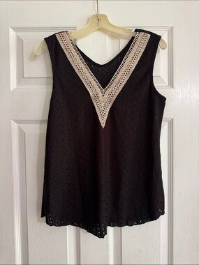 Black Sleeveless Eyelet Top with Cream Crochet V-Neck